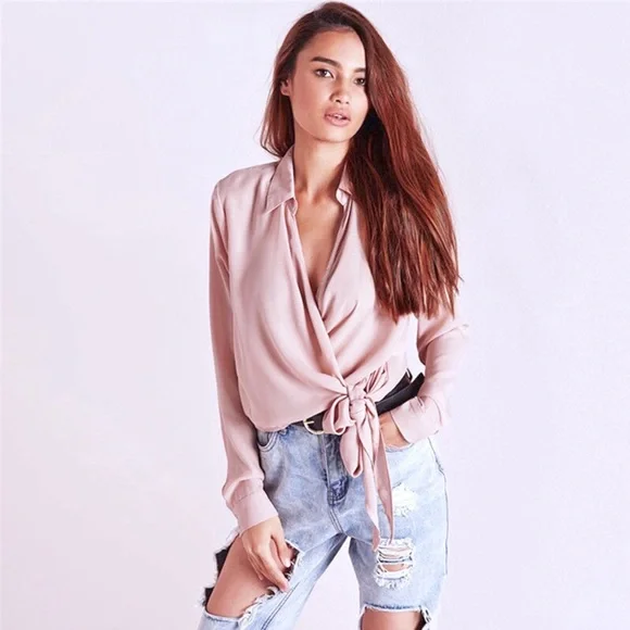 Blush Tie Front Surplice Wrap Around Blouse - Picture 1 of 6